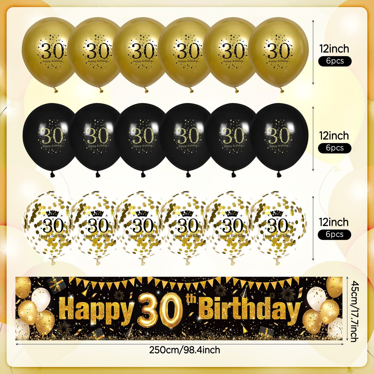 30Th Birthday Decorations For Men Women Black And Gold, Black Gold Birthday Yard Banner Sign And 18 Pcs 30Th Happy Birthday Balloons For 30Th Anniversary Birthday Party Supplies Outdoor Yard Decor