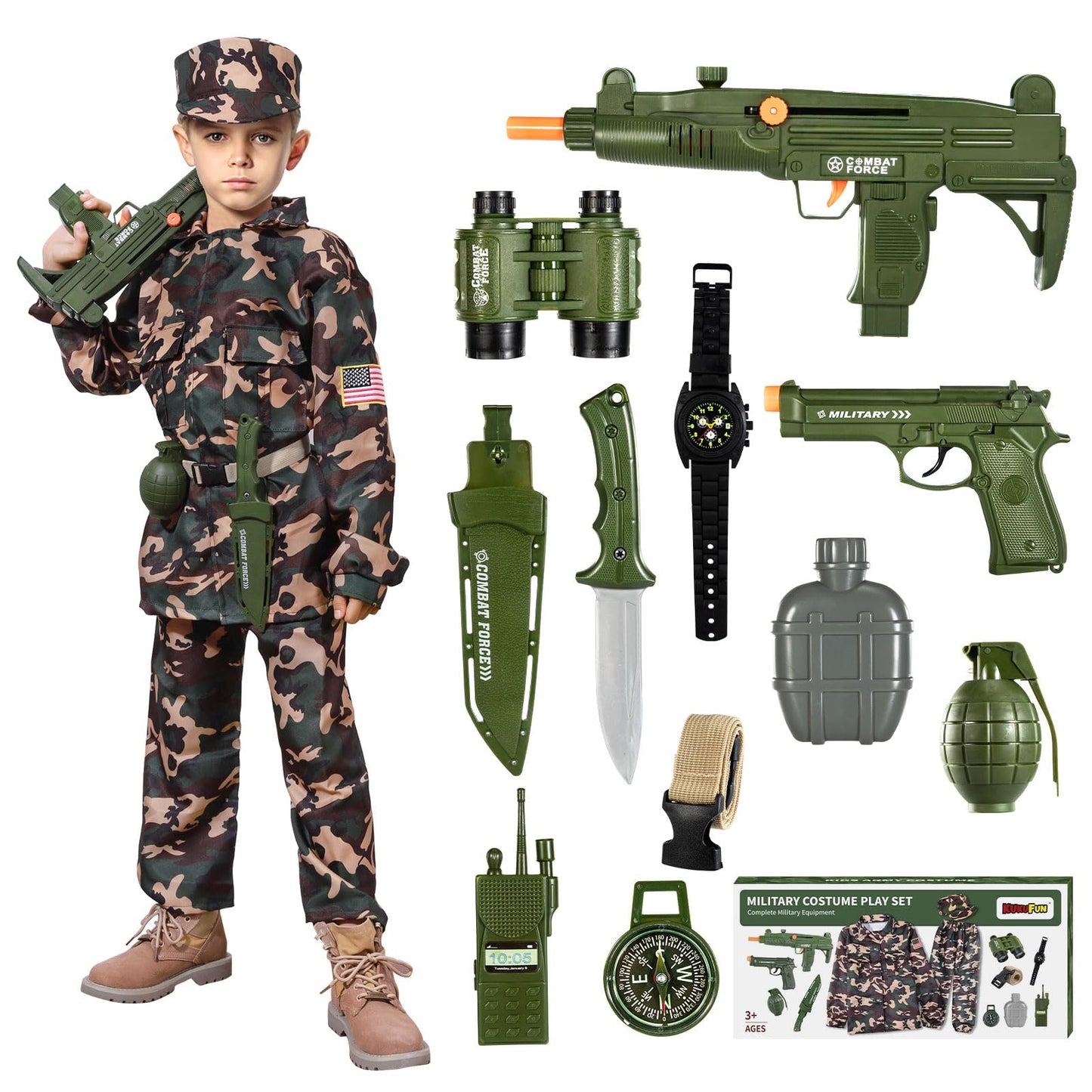 Kukufun Army Costume For Boys, Halloween Boys Costume Military Soldier Pretend Set With Toy Accessories, Halloween Party Costume