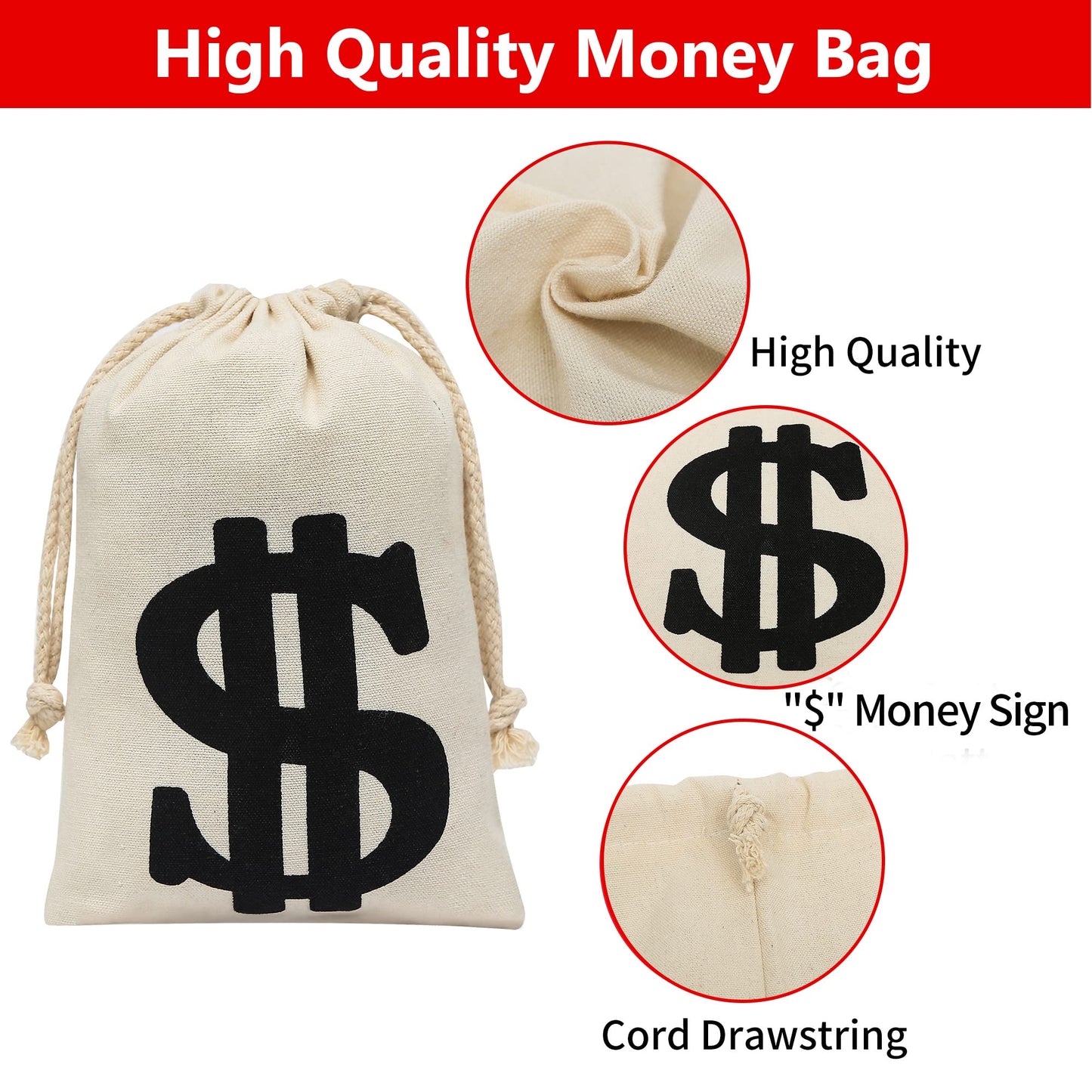 Eoocan 4 Pack Canvas Natural Money Bag Pouch With Drawstring Closure For Party Favor, 6.3 X 9 Inches Money Bags Dollar Sign For