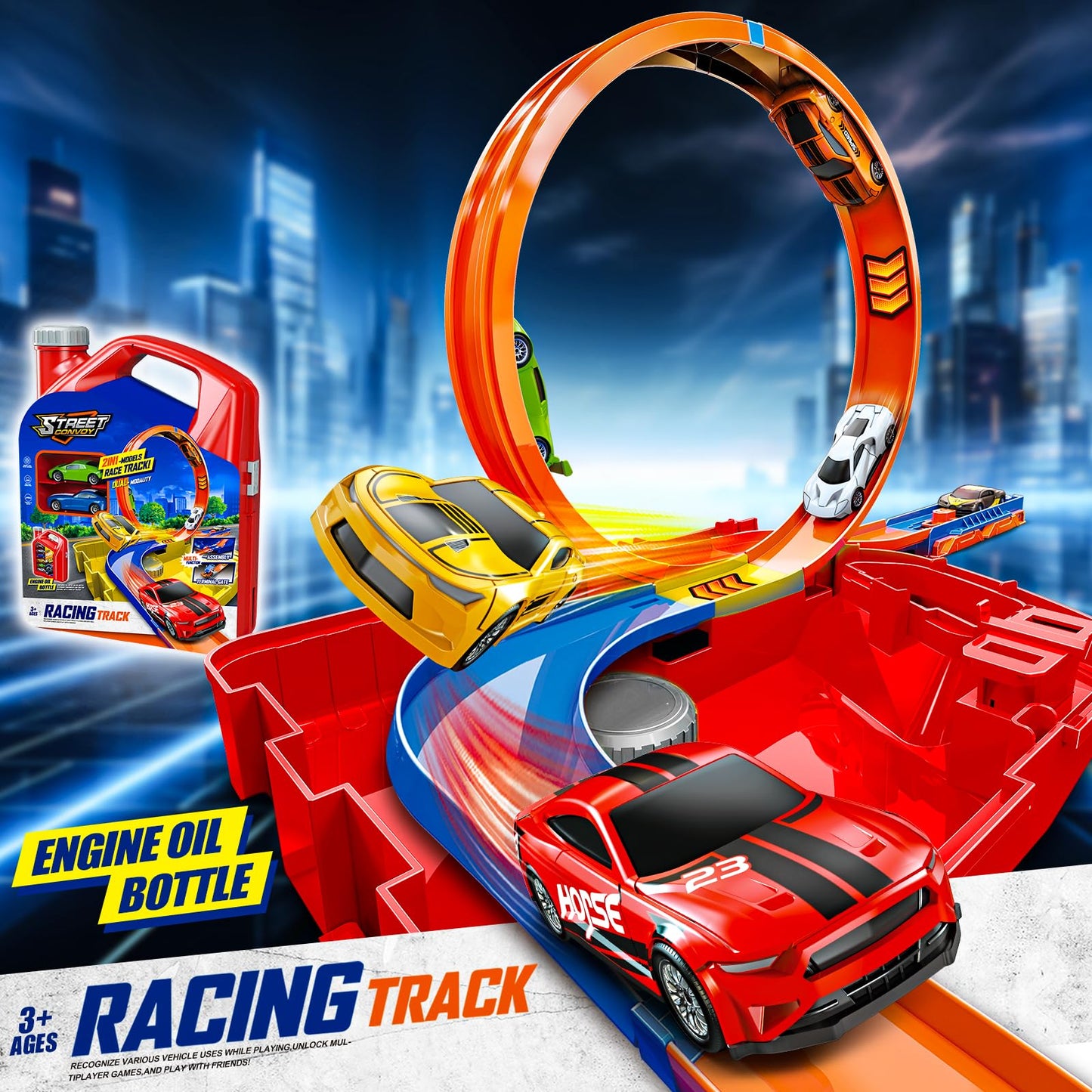 Race Track Toy Car Set with 2 Race Cars 2 in 1 Car Tracks Style with Storage Box Changeable Tracks Toys Birthday Gifts for Kids 3 4 5 6 7 8+Year Old Boys Girls (Red)