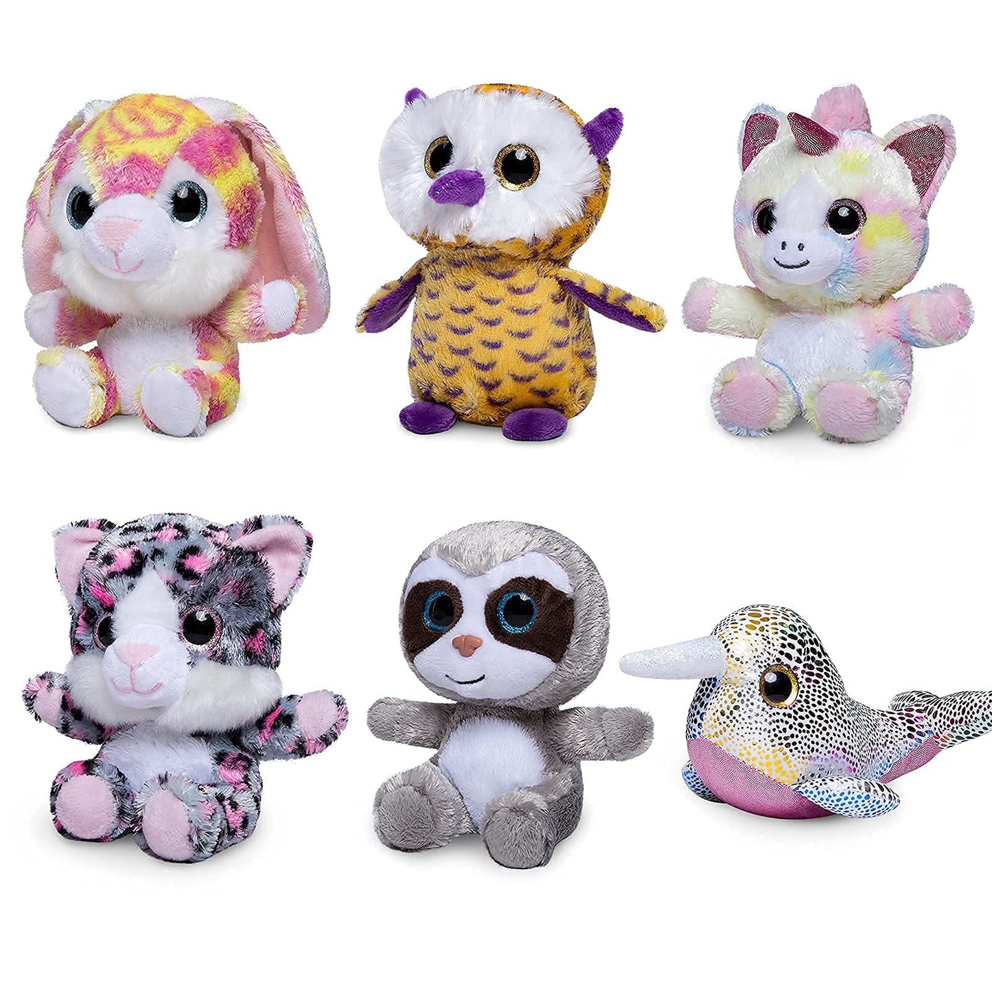 Nleio 7Inch Cute Stuffed Animals Plush Toys Set, 6 Pcs Small Stuffed Animal Bulk Unicorn/Narwhal/Bunny/Owl/Sloth/Cat Plush Anima