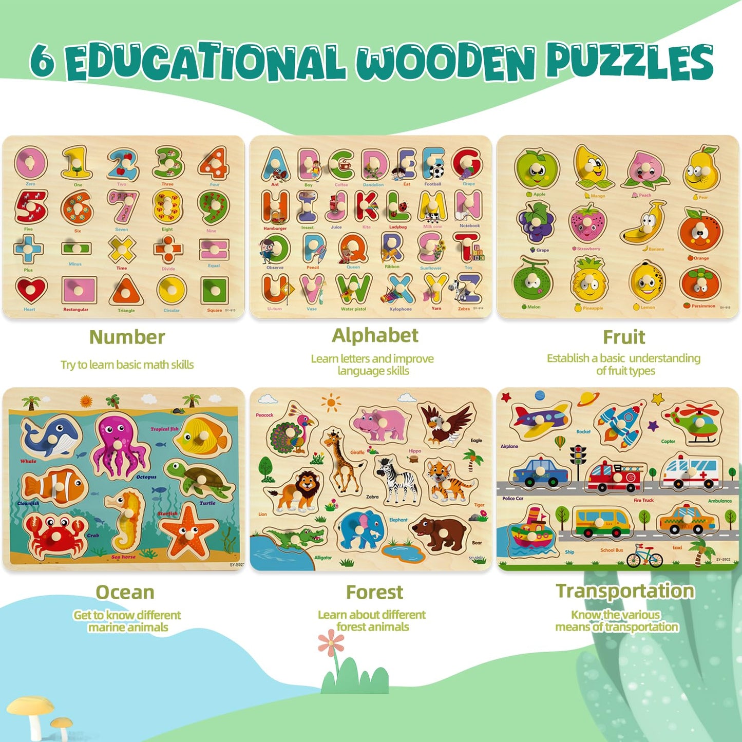Edutree Wooden Peg Puzzles For Toddlers 1 2 3 4, 6 Pack Educational Peg Puzzles Montessori Toys, Learning Puzzles For Kids Girs