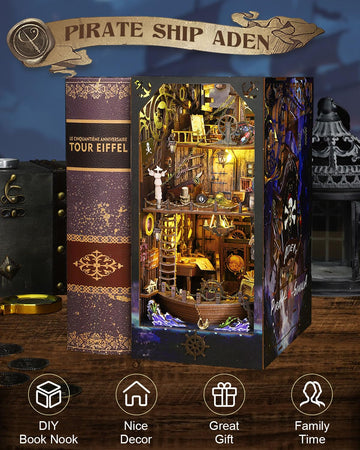 OurMiao Book Nook Kit Pirate Ship Aden, DIY Miniature Book Nook Kits for Adults, 3D Wooden Puzzle Bookshelf Insert Decor with Se