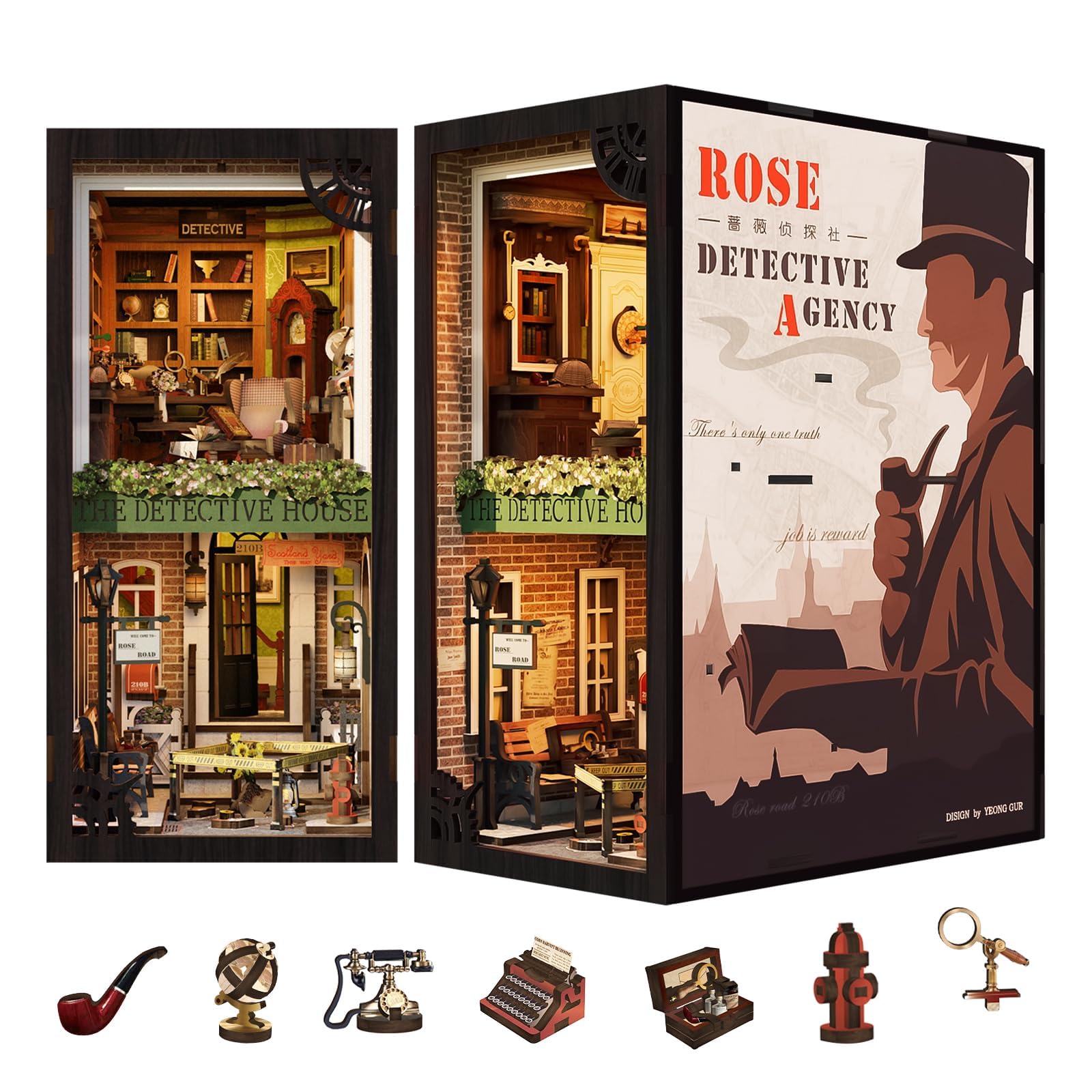 Fsolis Book Nook Kit, Diy Miniature Room House Kit For Adult Activities Decorative Bookend Bookshelf Bookcase Decor Birthday Holiday Gifts For Women Teens (Rose Detective Agency)