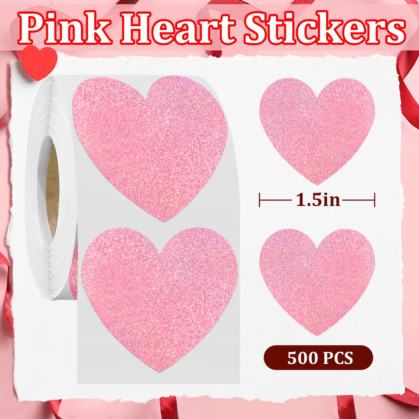 Pink Heart Stickers,1.5 Glitter Valentines Stickers 500 per Roll,Valentines Day Decorations(Pink)