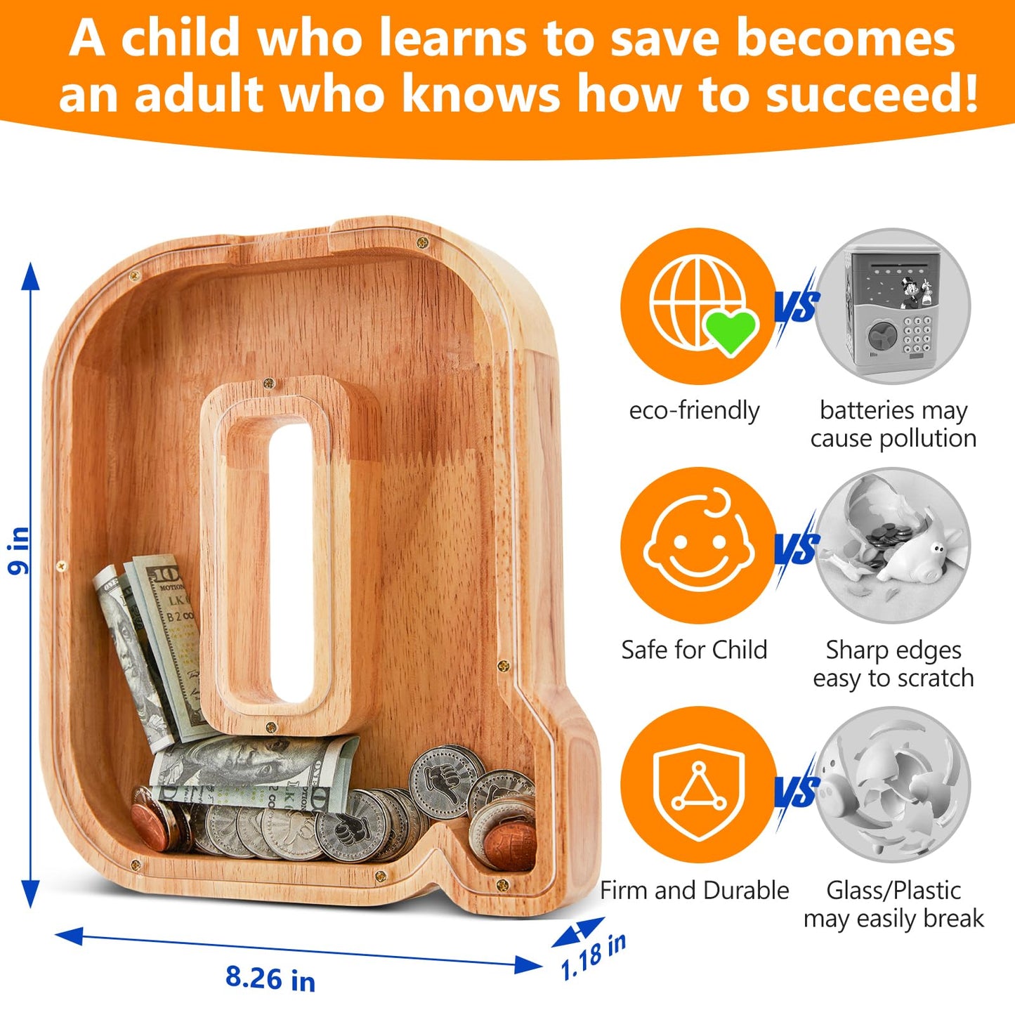 Wooden Letter Piggy Bank for Kids  Initial Coin Bank for Boys and Girls  First Name Personalized Savings Bank for Birthday Boys Girls Gift Piggy Bank for Kids (Wood  S9-Q)