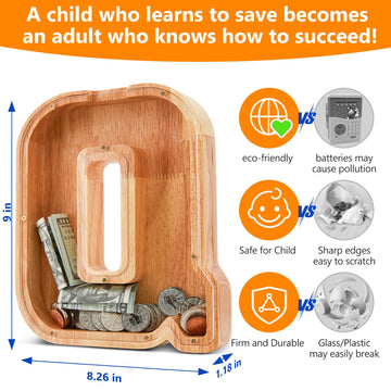 Wooden Letter Piggy Bank for Kids  Initial Coin Bank for Boys and Girls  First Name Personalized Savings Bank for Birthday Boys Girls Gift Piggy Bank for Kids (Wood  S9-Q)