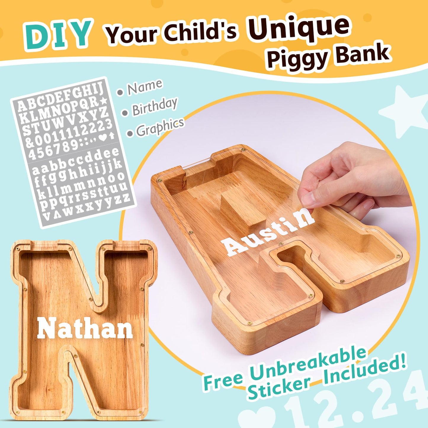 SummiDate Wooden Letter Piggy Bank| Piggy Bank for Boys Girls Toddler| Alphabet N Money Bank| Coin Bank Birthday Gift for Kids|Birthday Gift for Kids (N)