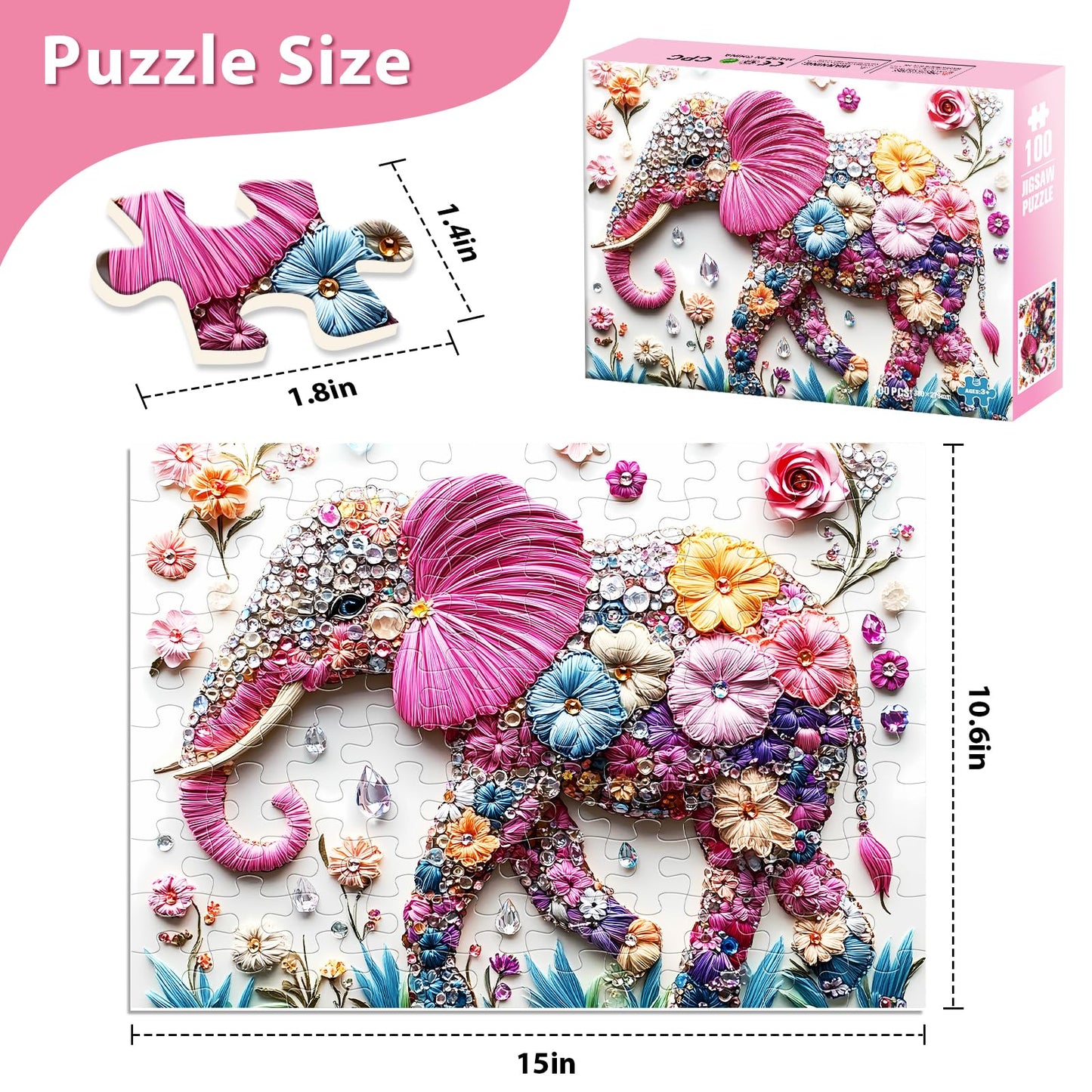 Jeaiciro 100 Piece Puzzles for Kids Ages 4-6 & 6-8  Cute Elephant Jigsaw Puzzle Fun Educational Toy for Kids Ages 8-10  Large Piece Puzzles for mature-themeds  Funny Puzzle for Family Activity Gift Set