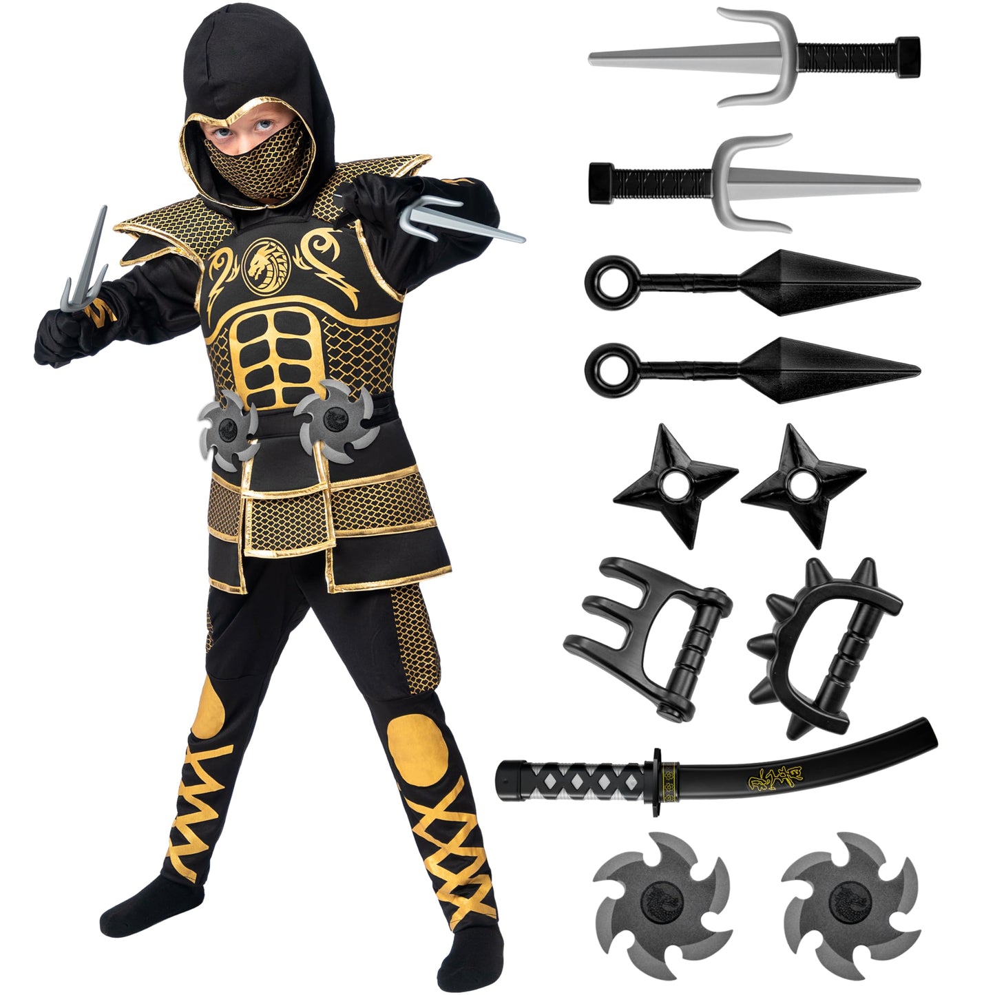 Spooktacular Creations Golden Ninja Costume for Boys  Kids Ninja Outfit Set with Golden protective covering and Patterns for Halloween Costume Dress Up Party  S