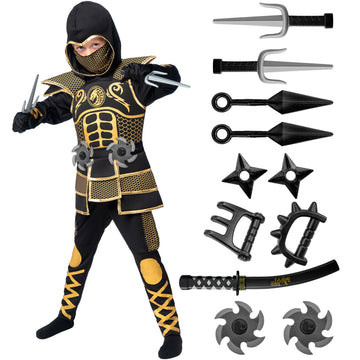 Spooktacular Creations Golden Ninja Costume for Boys  Kids Ninja Outfit Set with Golden protective covering and Patterns for Halloween Costume Dress Up Party  S