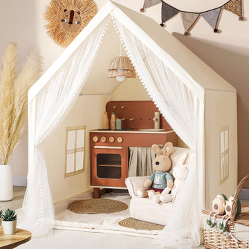 Monobeach Kids Tent Beige Play Tent With Long Mesh Curtain Large Playhouse For Indoor Outdoor Play Cottage Castle Toy For Girls Boys House Gift (Beige Kids Play Tent)