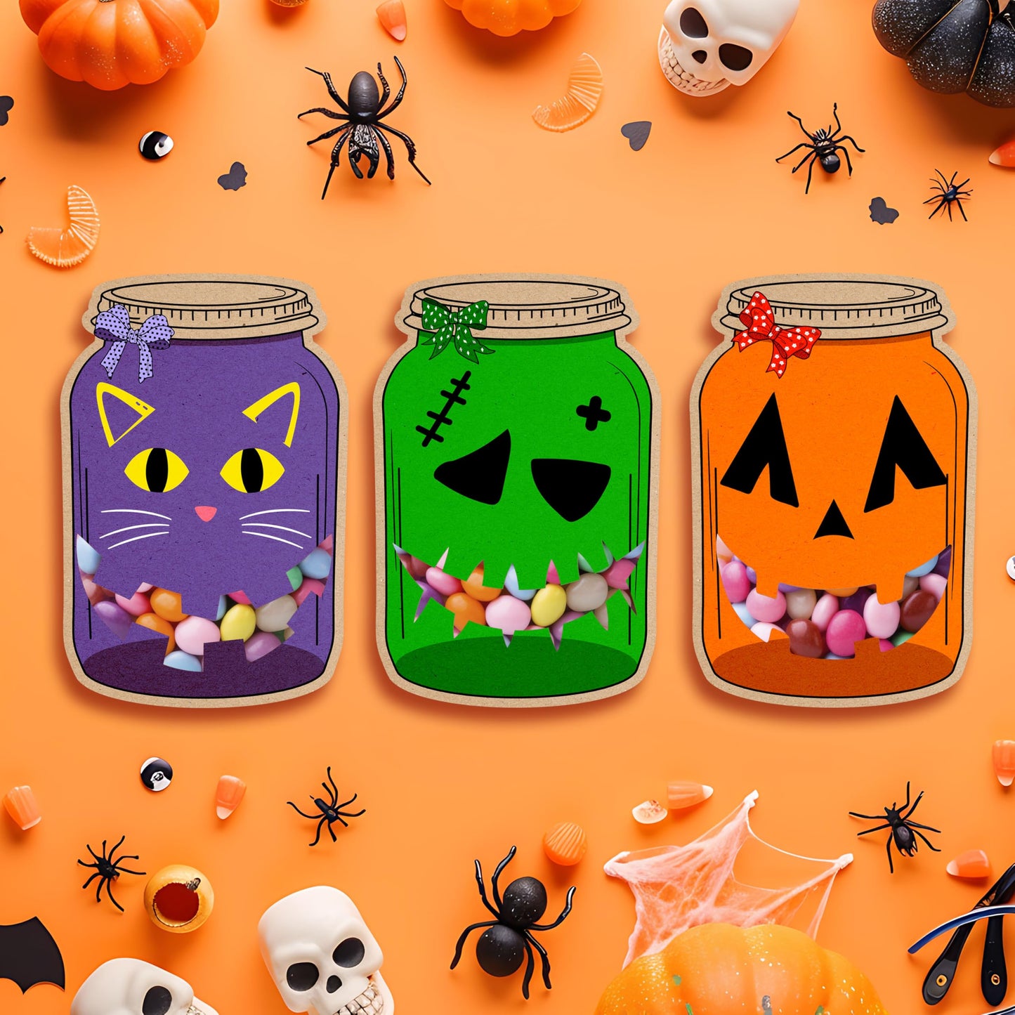 50 Pack Halloween Mason Jar Candy Cards for Kids Classroom - School DIY Trick or Treat Bags, Halloween Candy Cards with Clear Ba