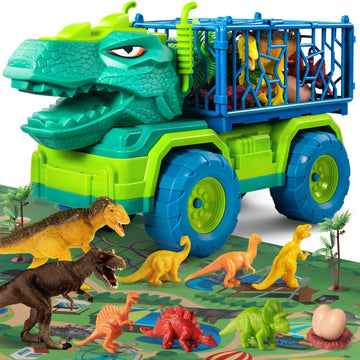 Temi Dinosaur Truck Toys For Kids 3-5 Years, Tyrannosaurus Transport Car Carrier Truck With 8 Dino Figures, Activity Play Mat, Dinosaur Eggs, Trees, Capture Jurassic Play Set For Boys And Girls