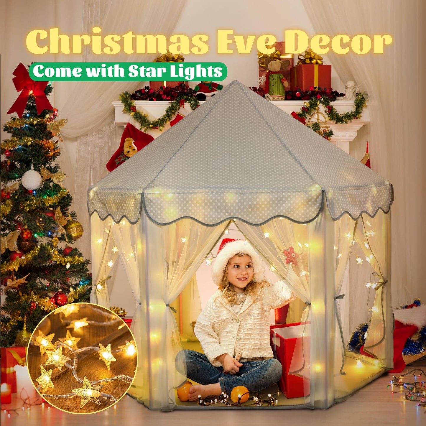 Sumbababy Princess Castle Tent - Grey Hexagon Playhouse with Fairy Star Lights for Kids - Indoor/Outdoor Fun