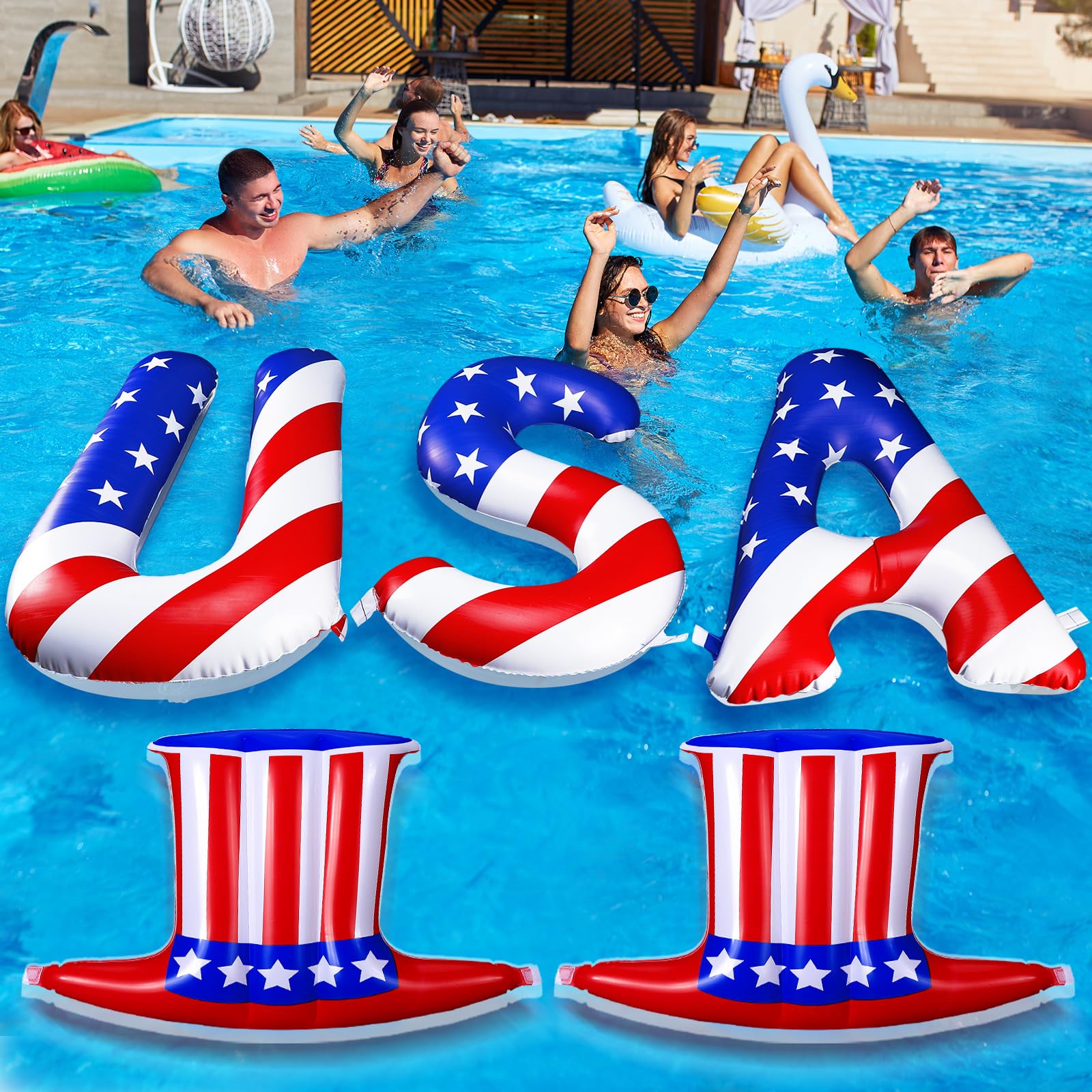 JellyArch 5 Pcs 20 Patriotic Inflatable Pool Floats Red White and Blue USA Letter & Hat Decorations 4th of July Pool Toys for 