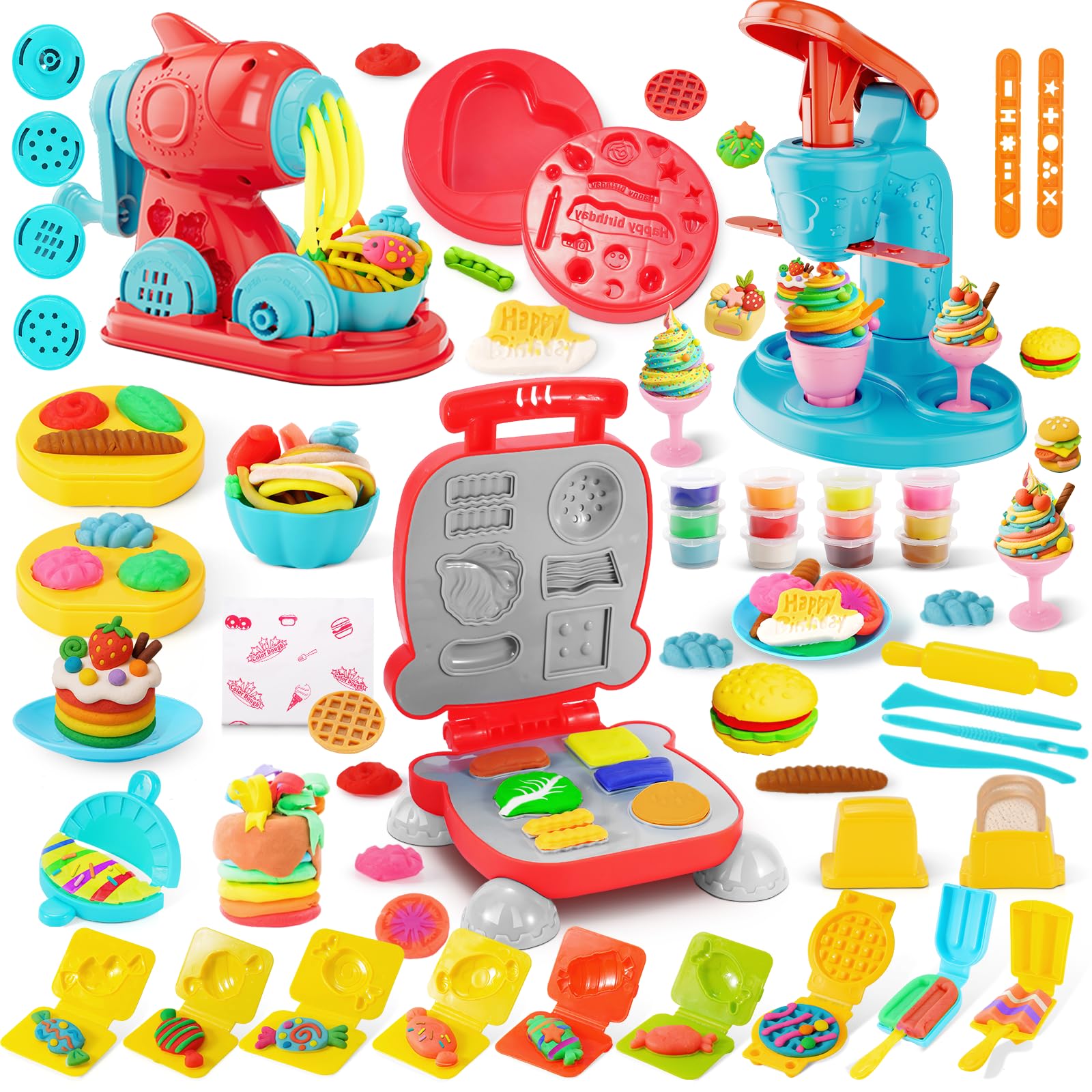 Rodsucs 3-in-1 Color Playdough Sets for Kids Ages 4-8, Ice Cream Hamburger Noodle Maker Toy for Kids 3-12, Arts &Crafts Gift for