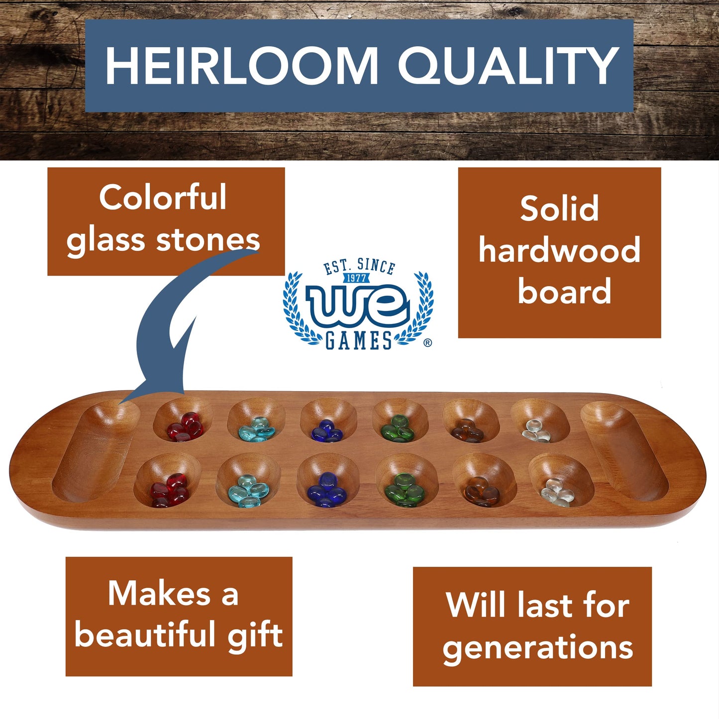 WE Games Coffee Table - African Stone Game, Solid Wood, Walnut Stain, Brown, Model 492022