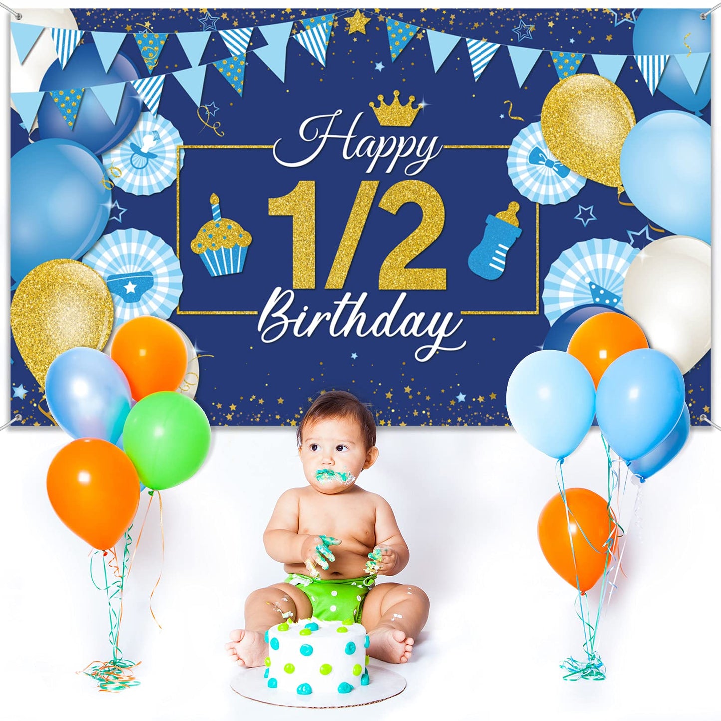 1/2 Birthday Decoration Backdrop Blue and Gold Half Birthday Banner 6 Months Happy Birthday Background Half Birthday Party Suppl