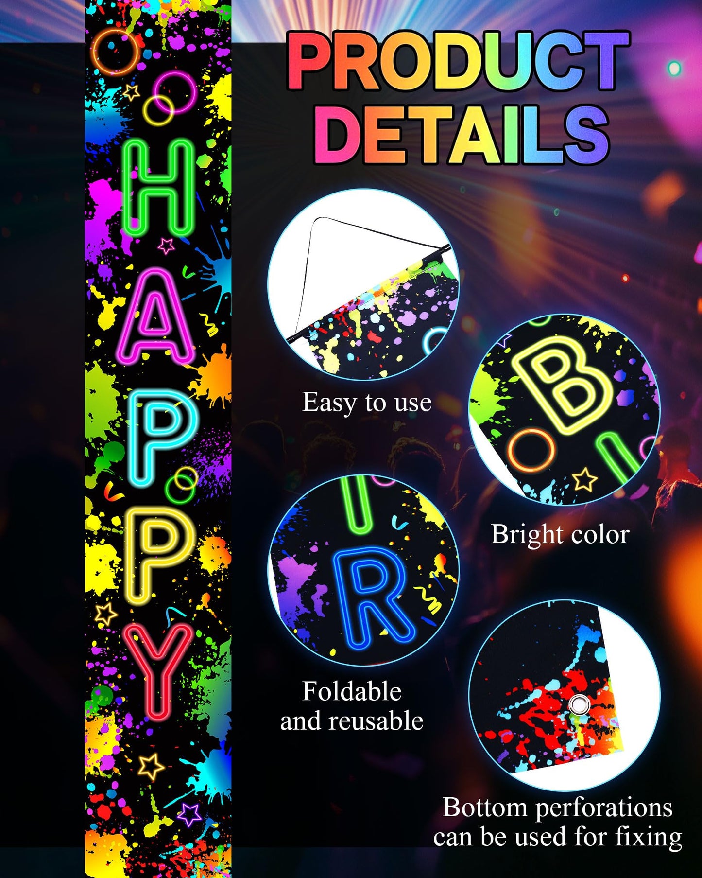 FuWeave Glow in the Dark Door Banner Rave Party Decorations Porch Sign Door Hanger Black light Photography Backdrop Decor for Ne