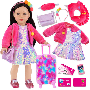 K.T. Fancy 18 Inch American Doll Clothes and Accessories  Doll Travel Suitcase Playset for Girls  Cute Travel Doll Clothes for 18 Inch Girl Doll(Not Include Doll & Shoes) (Sequin )