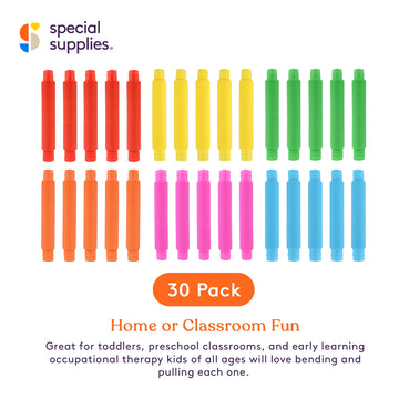 Special Supplies Fun Pull And Stretch Tubes For Kids - Pop, Bend, Build, And Connect Toy, Provide Tactile And Auditory Sensory Play, Colorful, Heavy-Duty Plastic (30-Pack Primary Colors)
