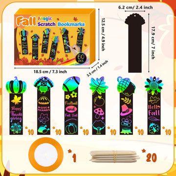 Beyumi 60Pcs Fall Harvest Scratch Bookmarks For Kids Diy Hello Fall Autumn Leaves Pumpkin Turkey Magic Art Rainbow Color Paper Craft Kit School Classroom Activity Art Project Thanksgiving Party Favors