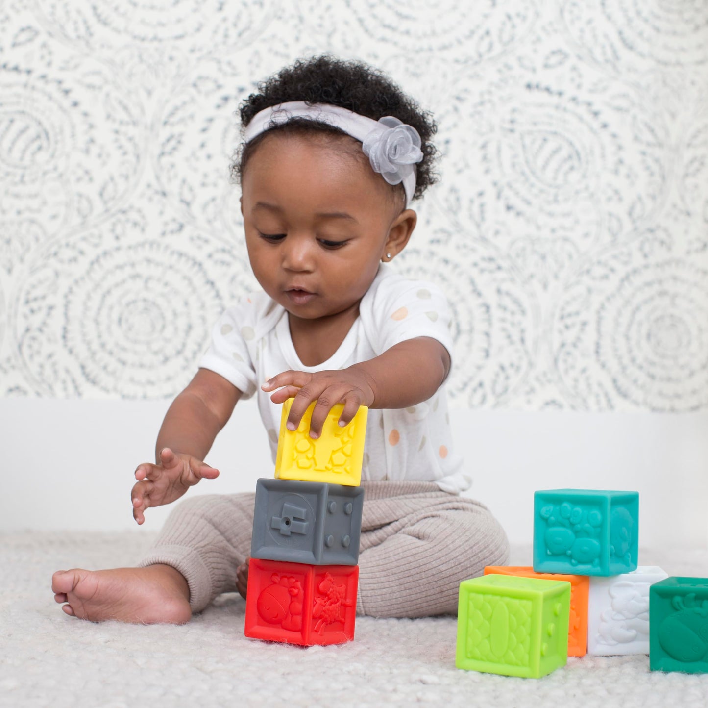Infantino Squeeze And Stack Block Set - Colorful Textured Soft Blocks, Includes Numbers, Animals And Shapes, Ages 6 Months +