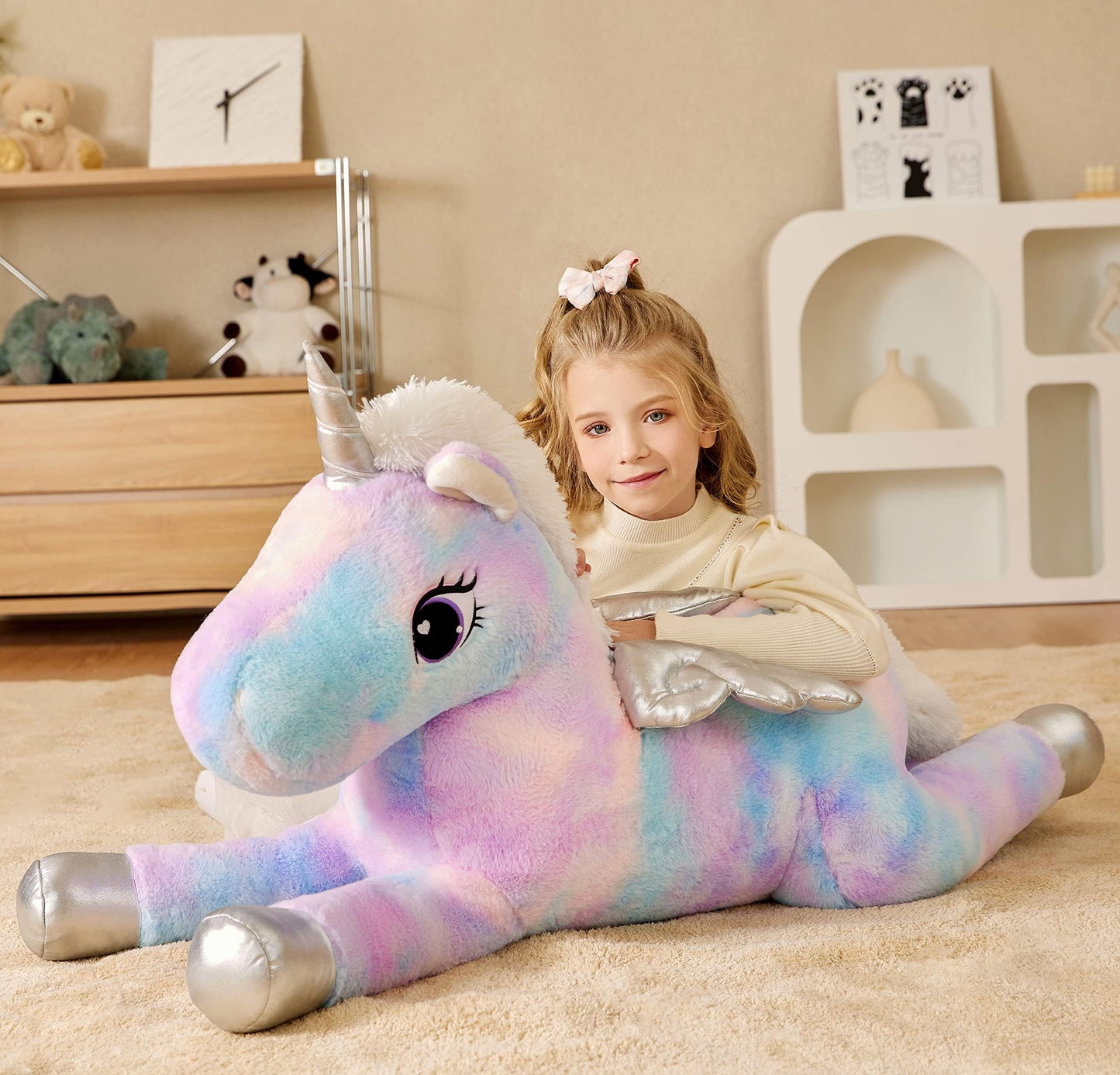EARTHSOUND Giant Unicorn Plush Toy, 43" Jumbo Soft Multicolored Stuffed Animal, Cute Fluffy Gift for Kids