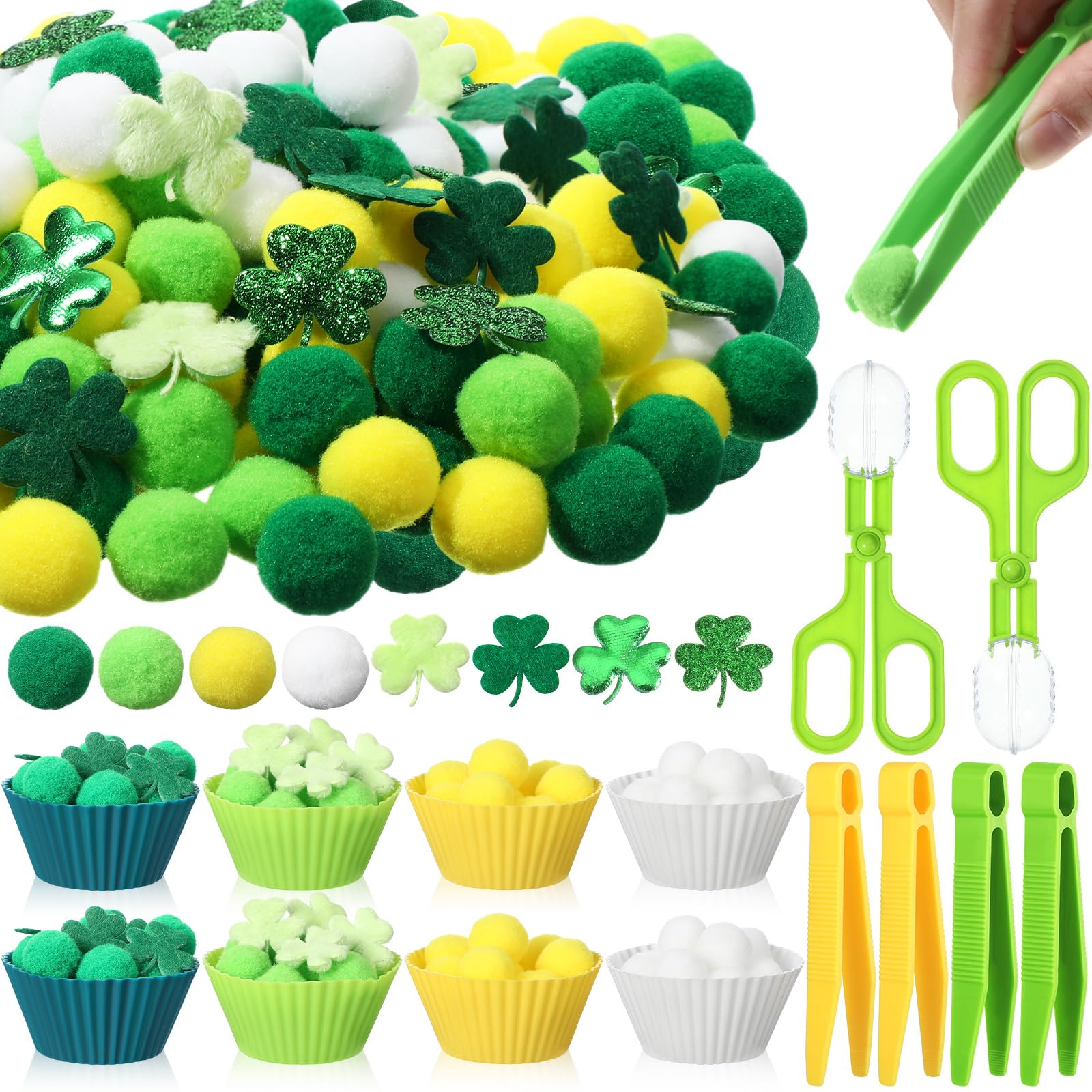 Hollowfly 294 Pcs St. Patrick'S Day Sorting Counting Fine Motor Skills Sensory Bin Filler Set Includes 8 Sorting Bowls 200 Plush
