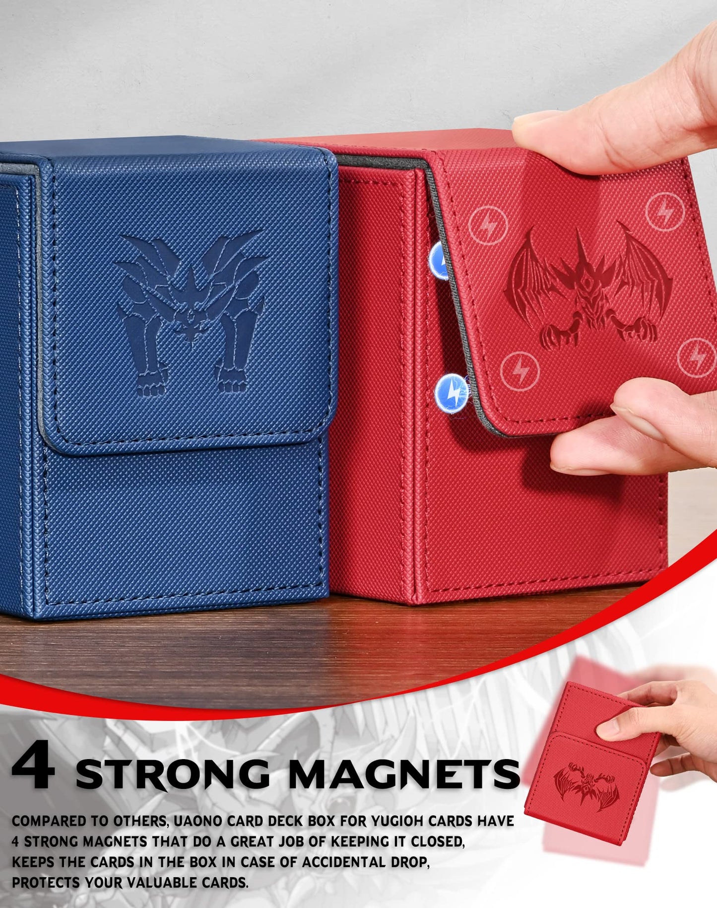 UAONO Card Deck Box for Yugioh & MTG - PU Leather, 100+ Deck Case, Red, Extinction Dragon, Includes 2 Dividers