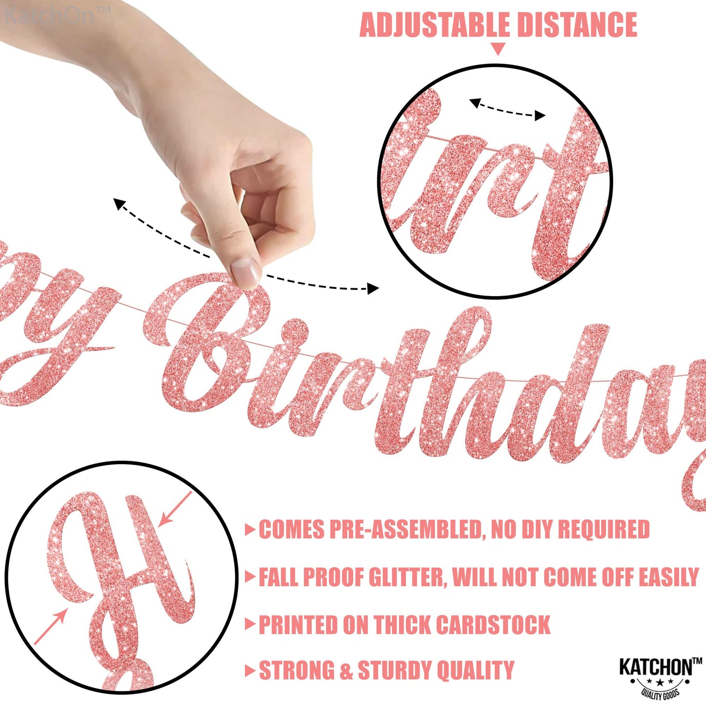 Katchon, Cursive Glitter Rose Gold Happy Birthday Banner - Pre-Strung, 10 Feet, No Diy | Pink Happy Birthday Banner For Rose Gold Birthday Decorations | Happy Birthday Sign, Happy Birthday Decorations