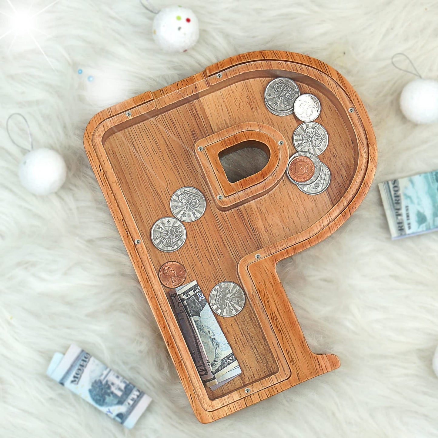 Piggy Bank For Kids Boys Girls, Large Personalized Wooden Letter Piggy Bank With Cut-Out Design, Alphabet Letter Coin Banks, Money Savings Box, Wooden Bank For Kids Creative Gift For Real-Money(P)