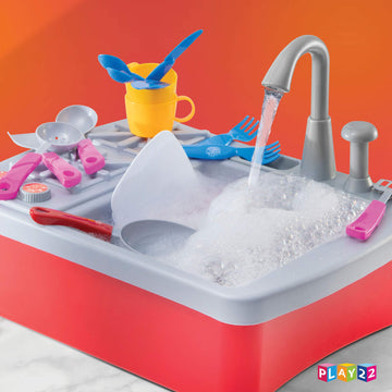 Play22 17 Pc Kids Play Sink with Running Water - Kitchen Sink Toy - Toddler Sink Toy with Real Faucet & Drain, Dishes, Utensils