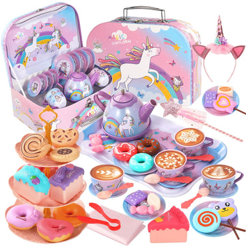 55Pcs Tea Party Set for Little Girls, Princess Tea Party Set, Unicorn Kid Tin Tea Set,Kids Kitchen Pretend Toy, Toddler Tea Part