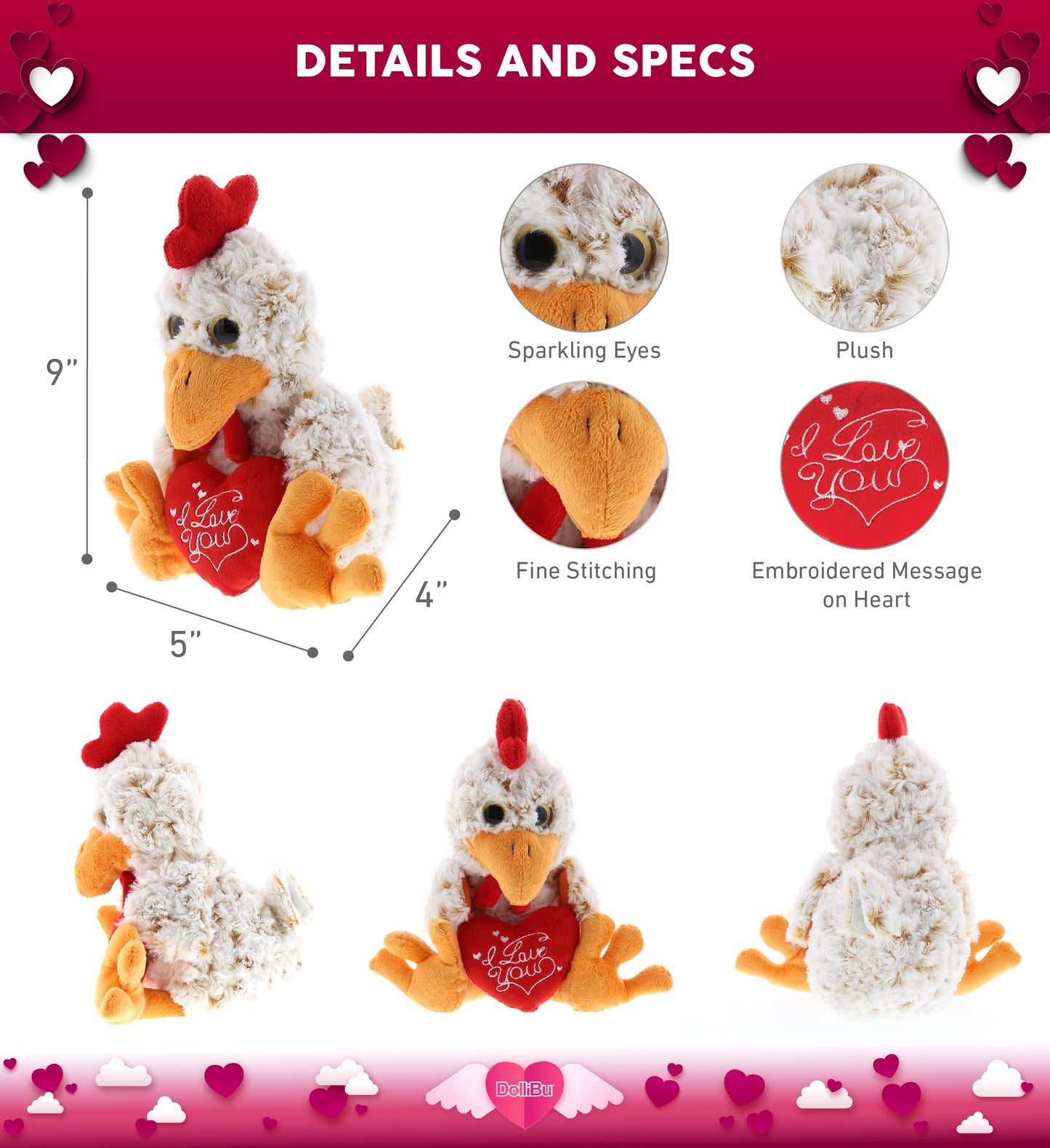 DolliBu Plush Sitting Rooster with Red Heart - 6.5 Inch Cute Stuffed Animal Gift for Valentine's Day, Birthdays, Anniversaries