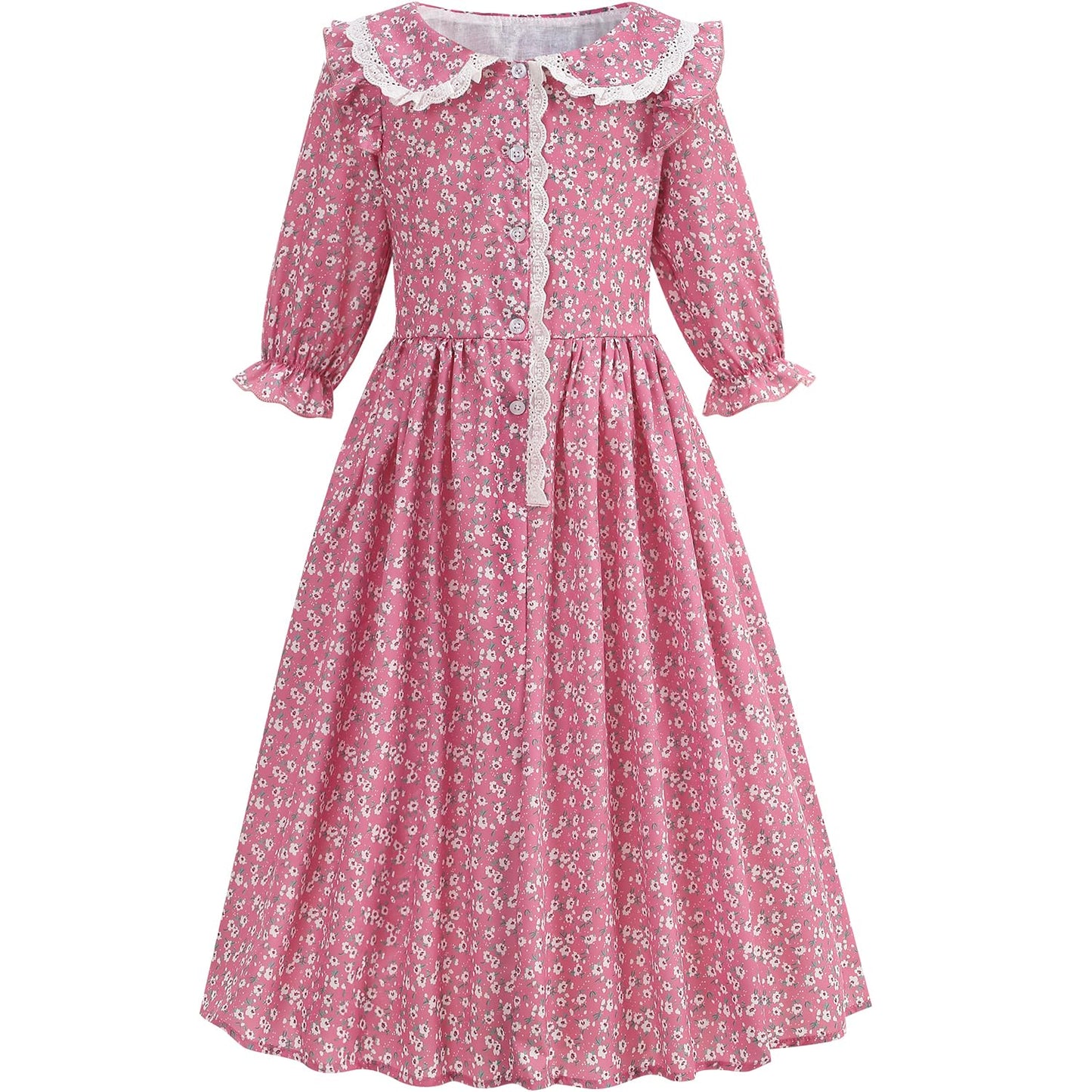 Aoiviss Girls Pioneer Costume Floral Colonial Prairie Dress for Little Kids with Apron and Bonnet, Pink