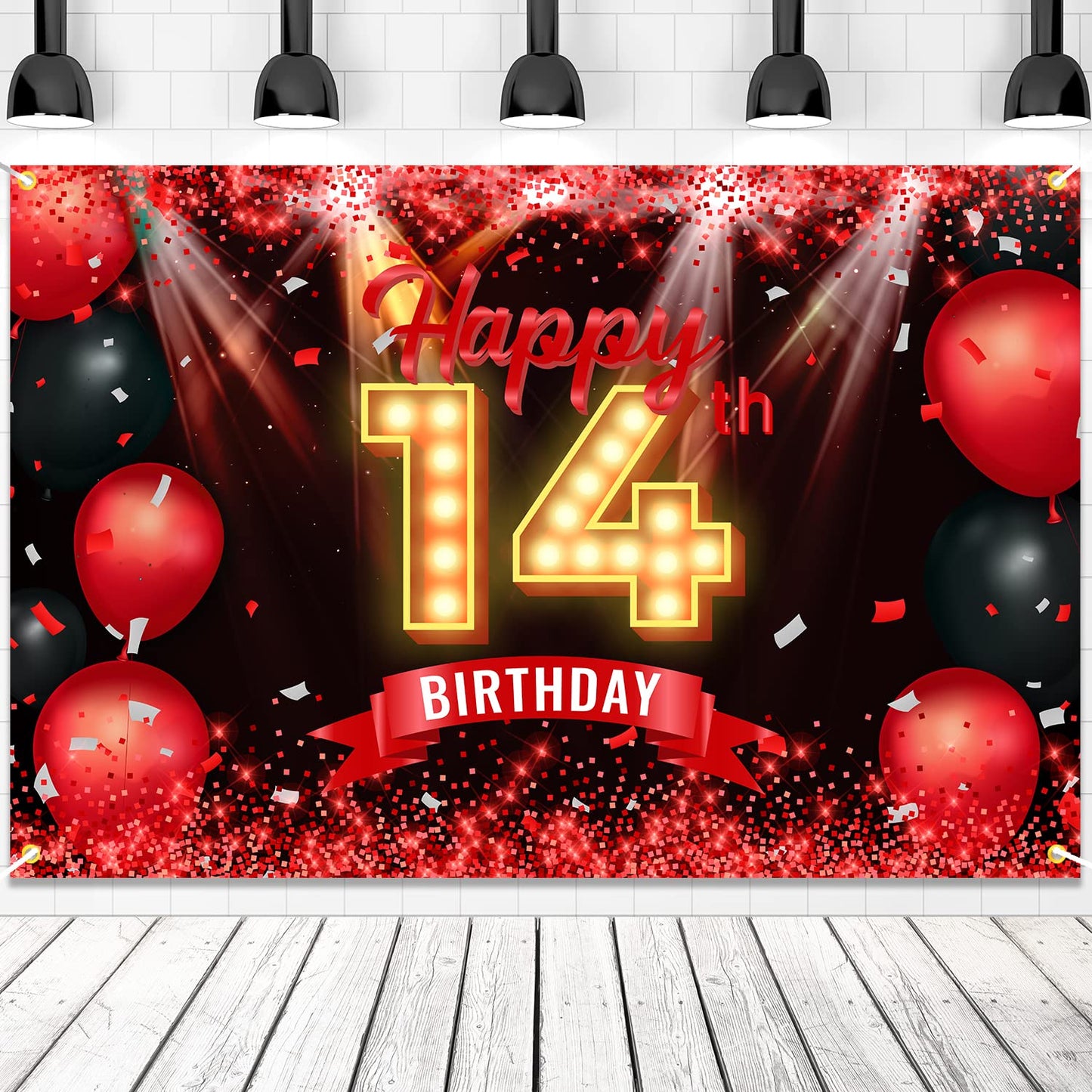 Happy 14th Birthday Banner Backdrop Red and Black 14 Years Old Background Bday Decorations for Girls Boys Photography Party Supp