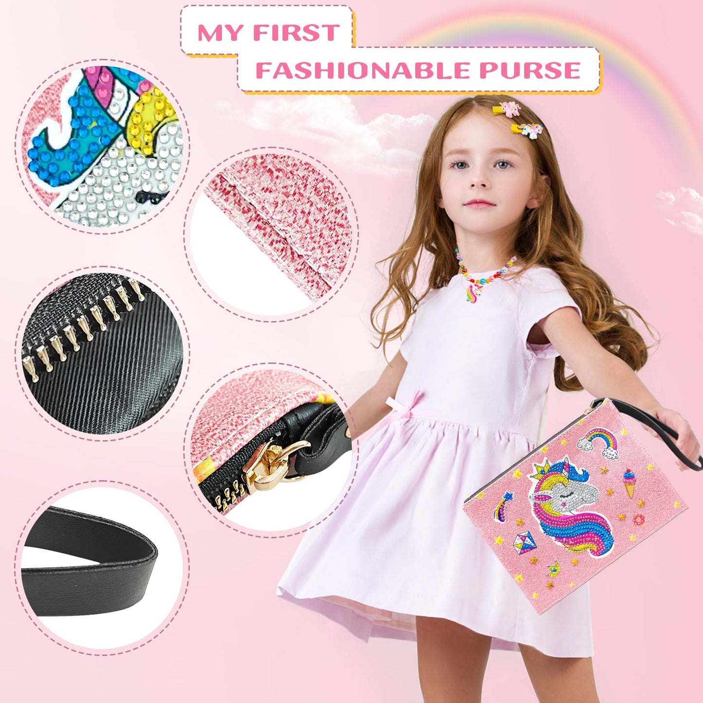 Unicorn Diamond Purse Kit for 5 6 7 8 9 Year Old Girls - Diamond Craft Purse with Sticker Earrings Hair Clips Bracelet Necklace