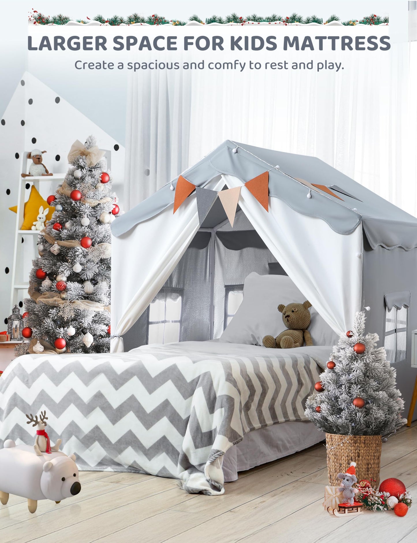 Besrey Kids Tent, Kids Playhouse 2 In 1 With Padded Mat And Lights, Large Play Tent With 2 Doors & 4 Windows, Kids Play Tent Indoor & Outdoor, Toddler Tent For Kids, 51' X35' X 51' (Gray)
