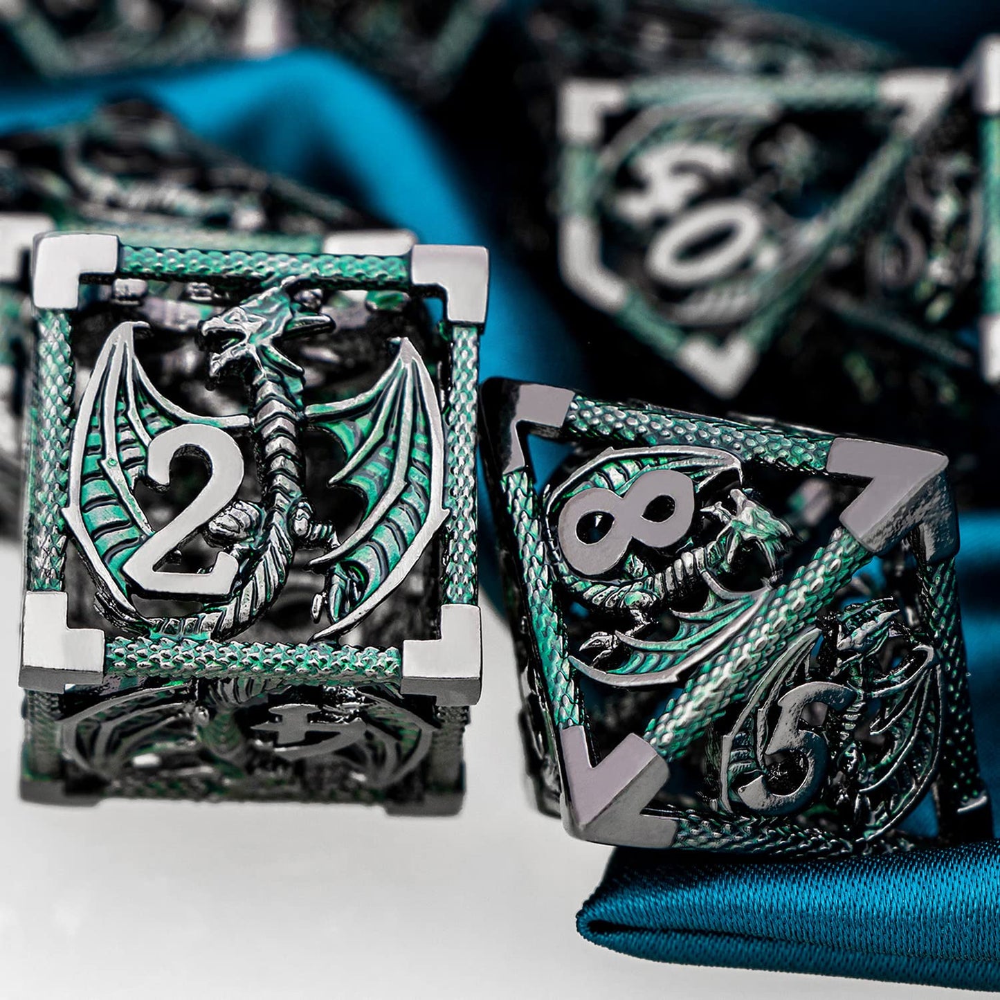 ARUOHHA Hollow DND Metal Dice Set Role Playing Games Dice with Gift Box, 7PCS Black Green D+D Polyhedral Dice Dungeons and Drago