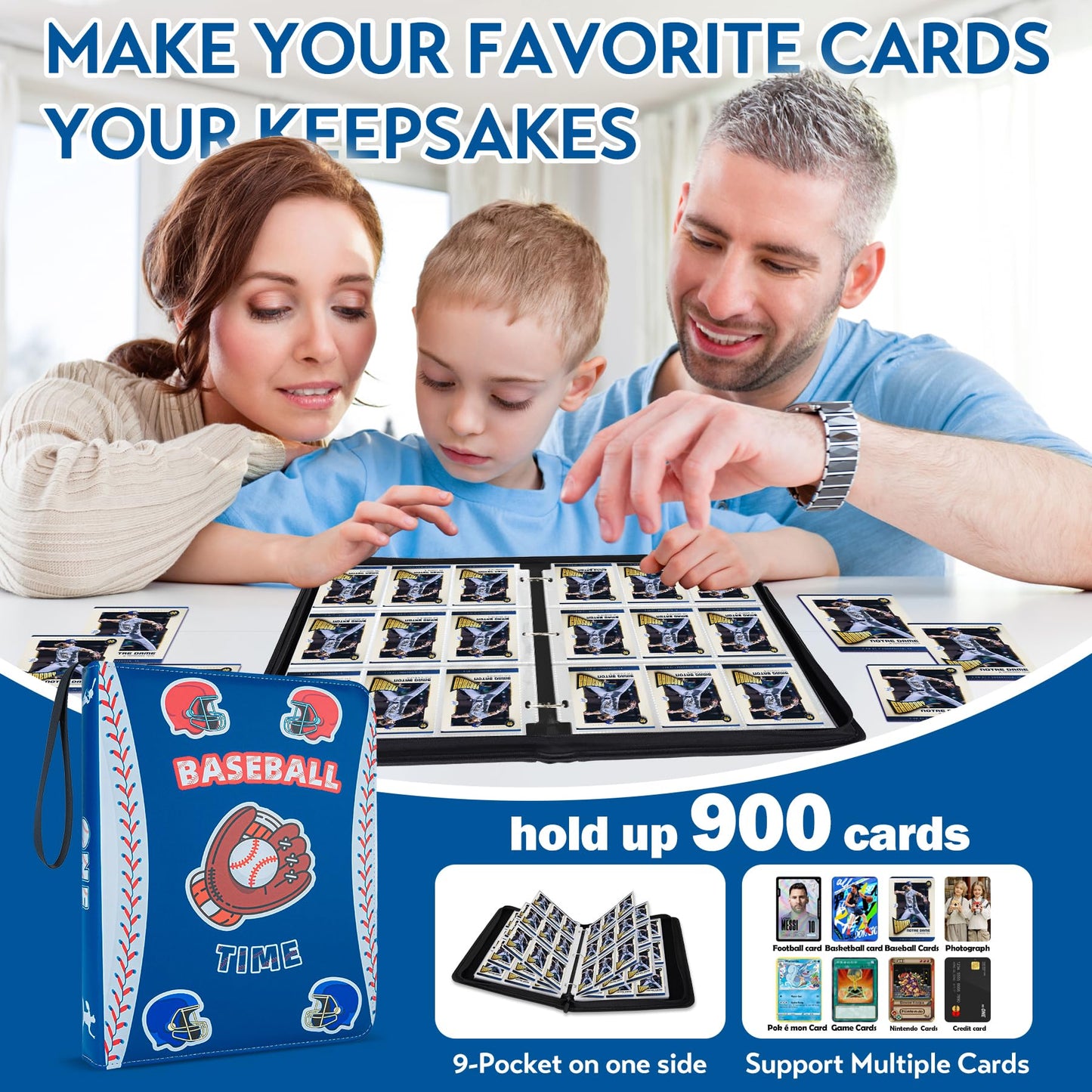 9 Pocket Card Binder for MTG/YGO/PTCG/Game Cards  Holds 900 Cards enhanced Collector Card Album for Standard Cards Toys Gifts for Kids (Blue)