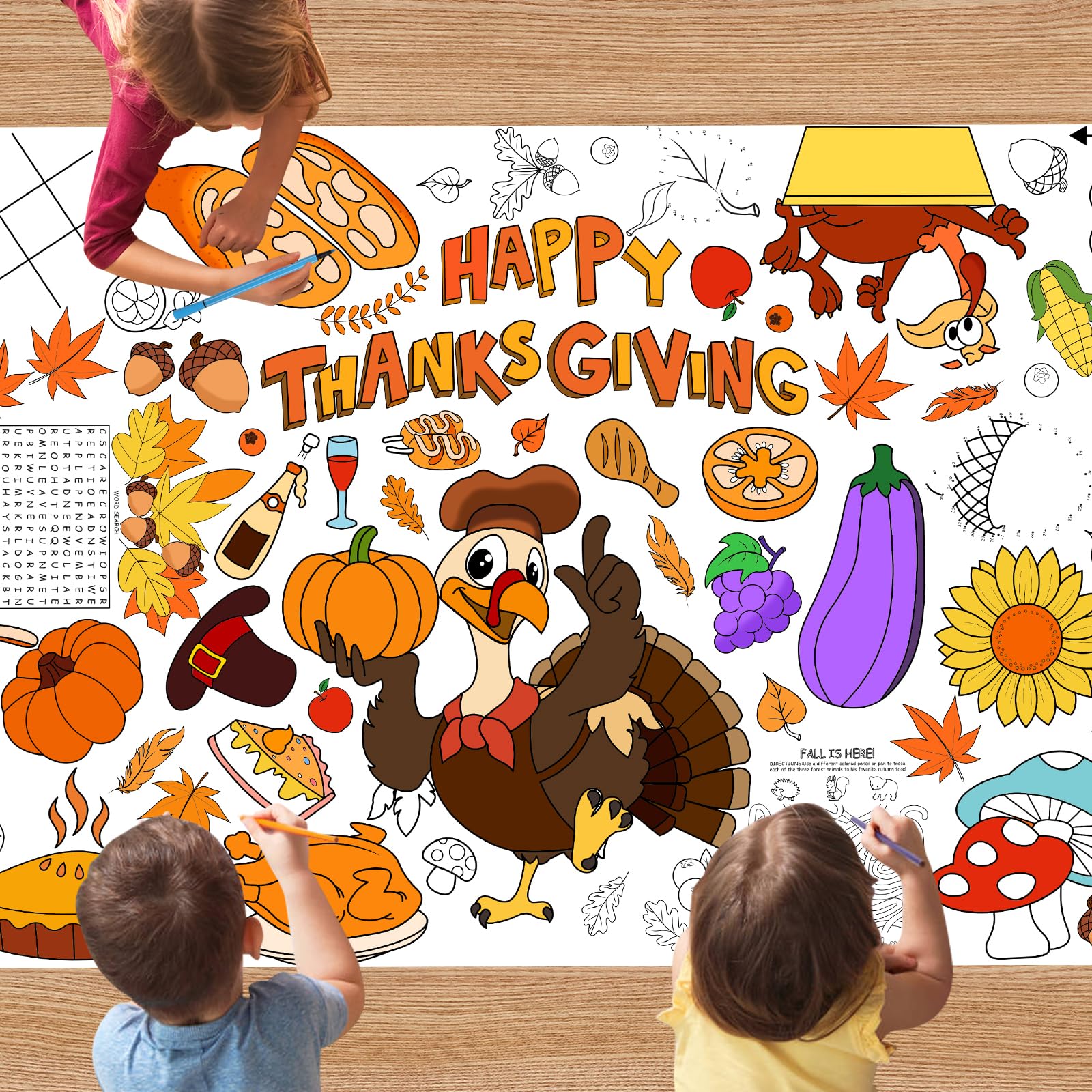 DERAYEE Thanksgiving Giant Coloring Poster, 72 x 35 Inches Disposable Thanksgiving Coloring Tablecloth Fall Harvest Themed Jumbo
