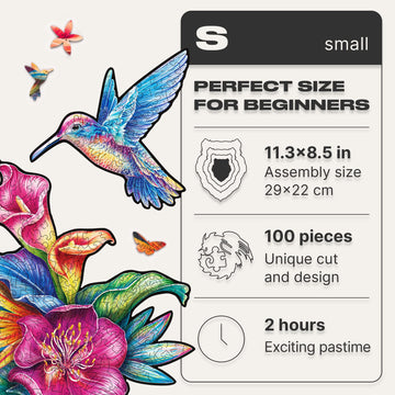 Unidragon Original Wooden Jigsaw Puzzles - Elusive Colibri, 100 Pcs, Small 11.3''X8.5'', Beautiful Gift Package, Unique Shape Be