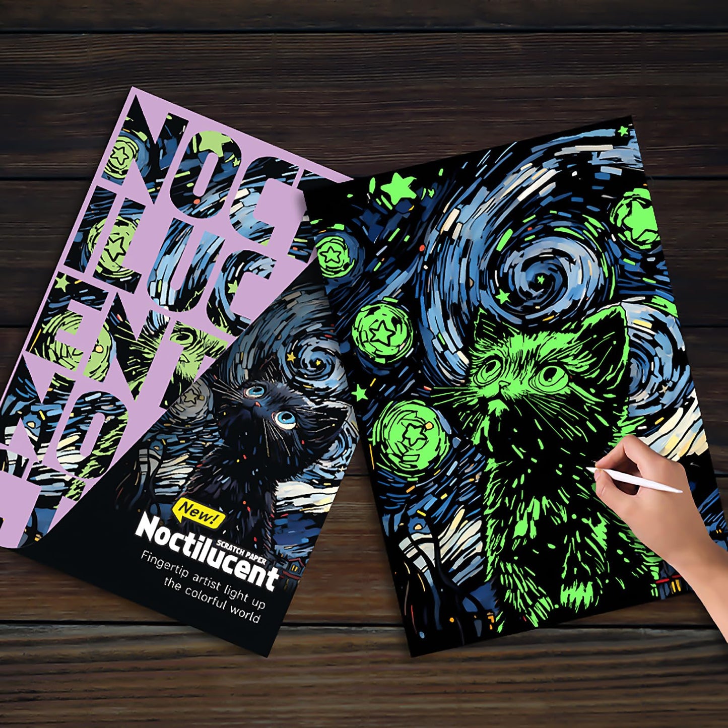 VTEAS Glow in The Dark Scratch Art Rainbow Painting Paper, 2 Pack Van Gogh Style Engraving Art Creative Craft Tools Set, Fun Mag