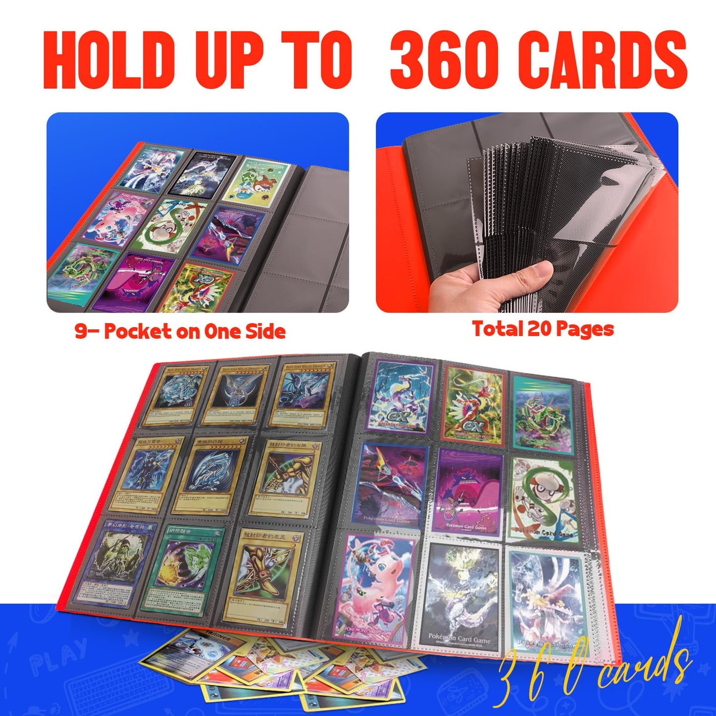 Card Binder 9-Pockets  Trading Card Binder  20 Pages  360 Card Capacity Collection Binder  Card Folder for MTG  TCG  Game Cards & Sports Cards(Red)