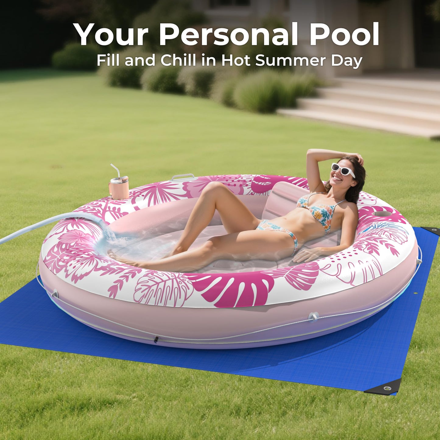 Inflatable Tanning Pool Lounger Float with Protection Tarp  75 x 75 Pool Floats mature-themed with Pillow  6 in 1 Suntan Tub Raft Floatie  Sunbathing Water Lounge Blow Up Pool Kids Ball Pit Party Gifts-Pink
