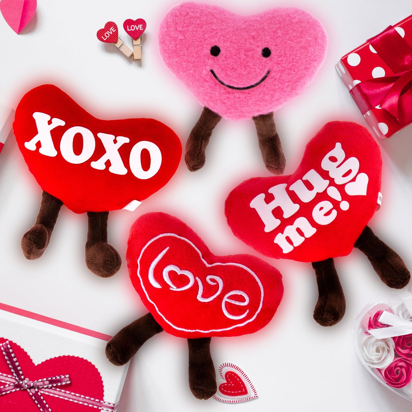 Artcreativity Set Of 4 Small Valentines Plush Hearts - Cute Love Heart Plush Toys In Assorted Designs - Stuffed Love Heart Toy S