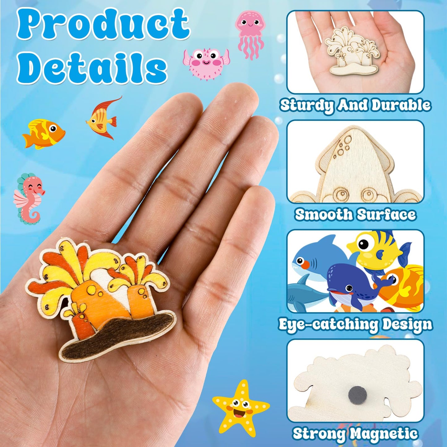 gisgfim 36Pcs Wooden Magnet Painting Craft Kit DIY Wooden Ocean Animal Magnets Coloring Arts Crafts for Kids Ages 4-8 8-12 for B