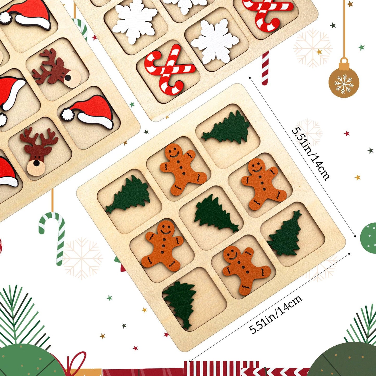 Meooeck 6 Sets Christmas Wooden Tic Tac Toe Game, Party Favors, Mini Chess Board Table Party Game, Gift for Relative and Family,